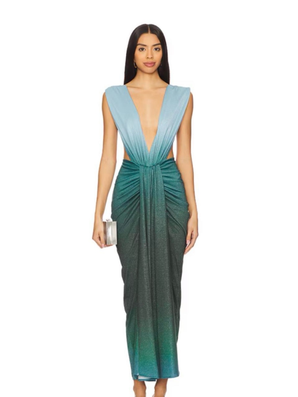 Baobab Collection Ombre Teal-to-Aqua Deep V Backless Gown